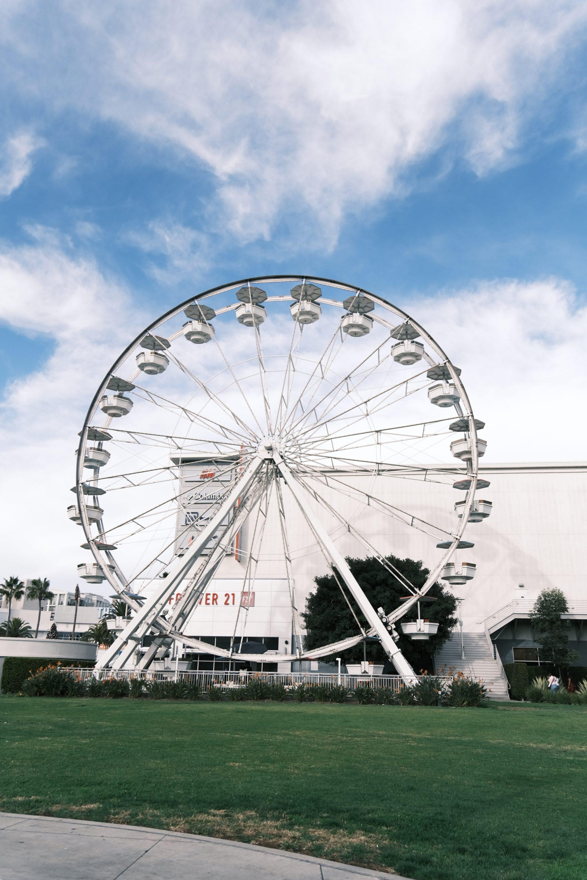 A large white Ferris wheel stands in front of a white building under a partly cloudy blue sky, with green grass and bushes in the foreground.