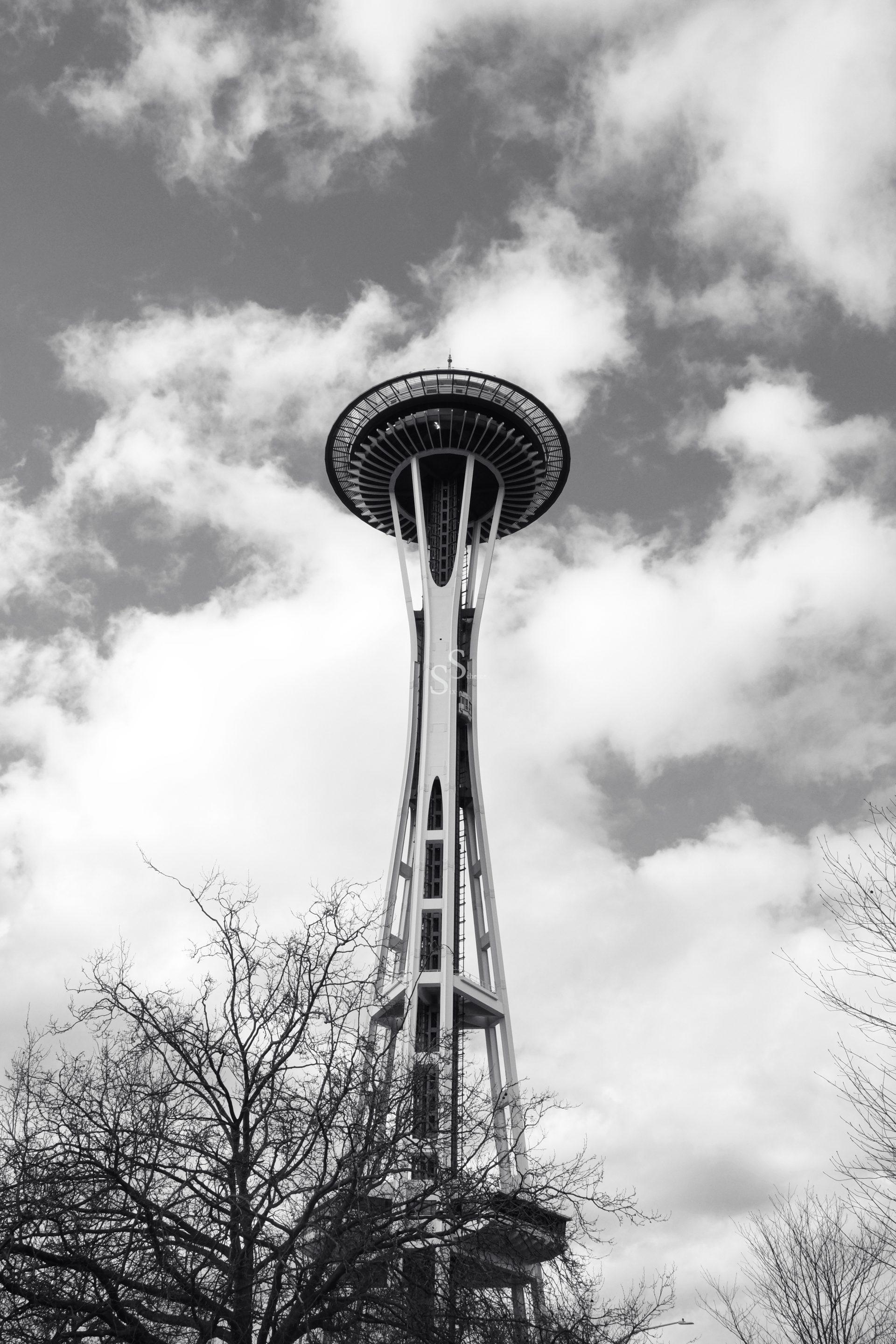 The Space Needle in Seattle rises against a cloudy sky, with bare tree branches visible at the bottom of the black and white photograph.