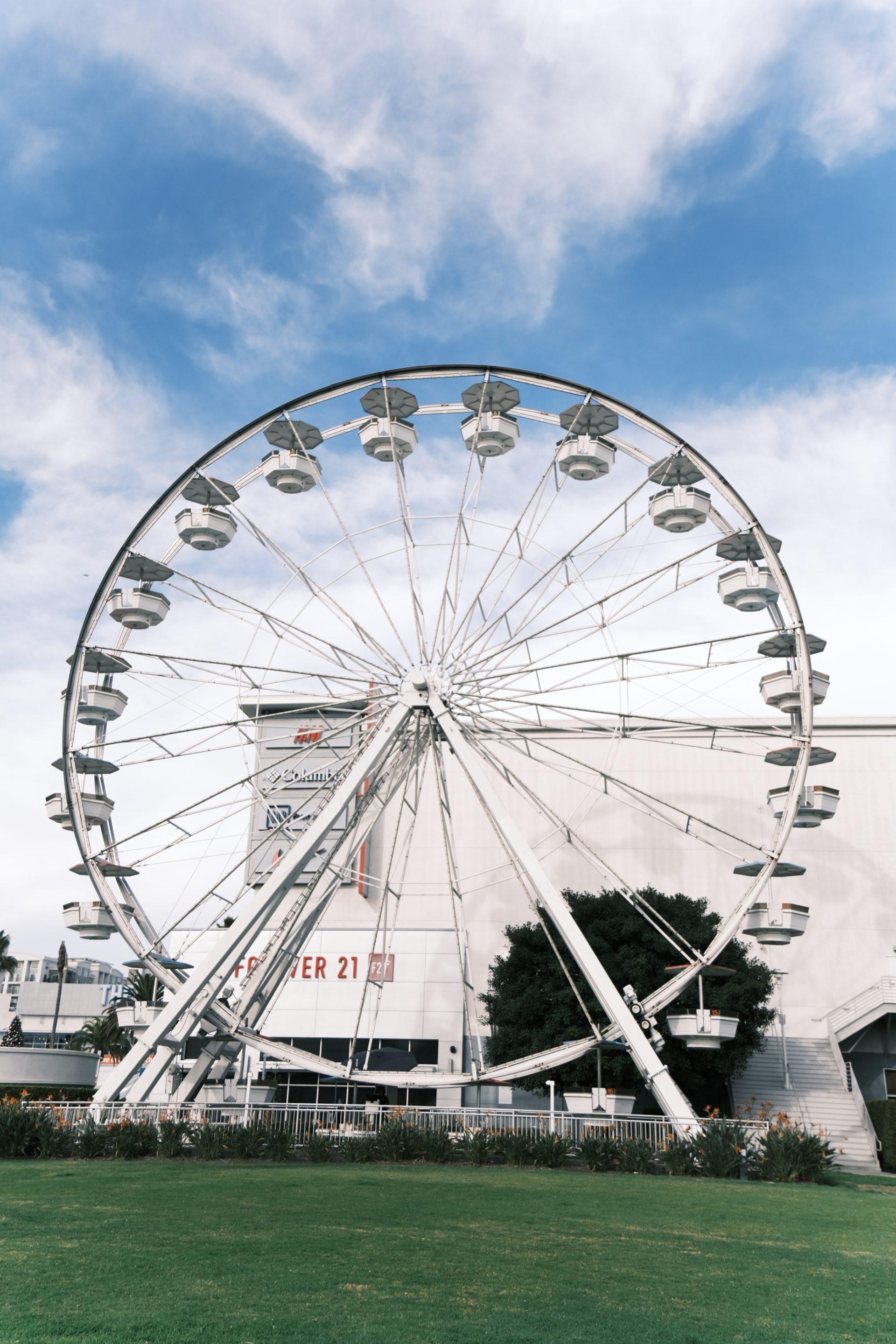 Set against a partly cloudy blue sky, a large white Ferris wheel stands in front of a white building, with grass and bushes below.