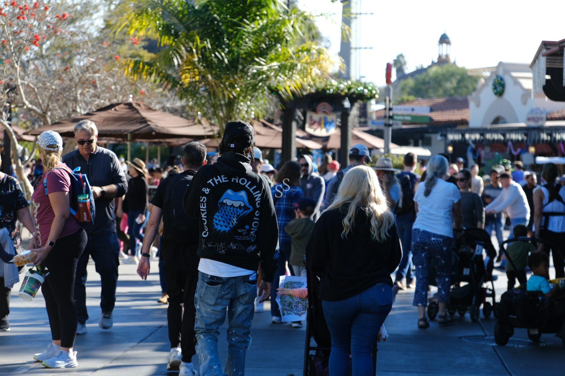 A busy outdoor walkway at a theme park, crowded with people. Some are walking, some pushing strollers. Palm trees, sunny weather, and festive decorations are visible in the background.