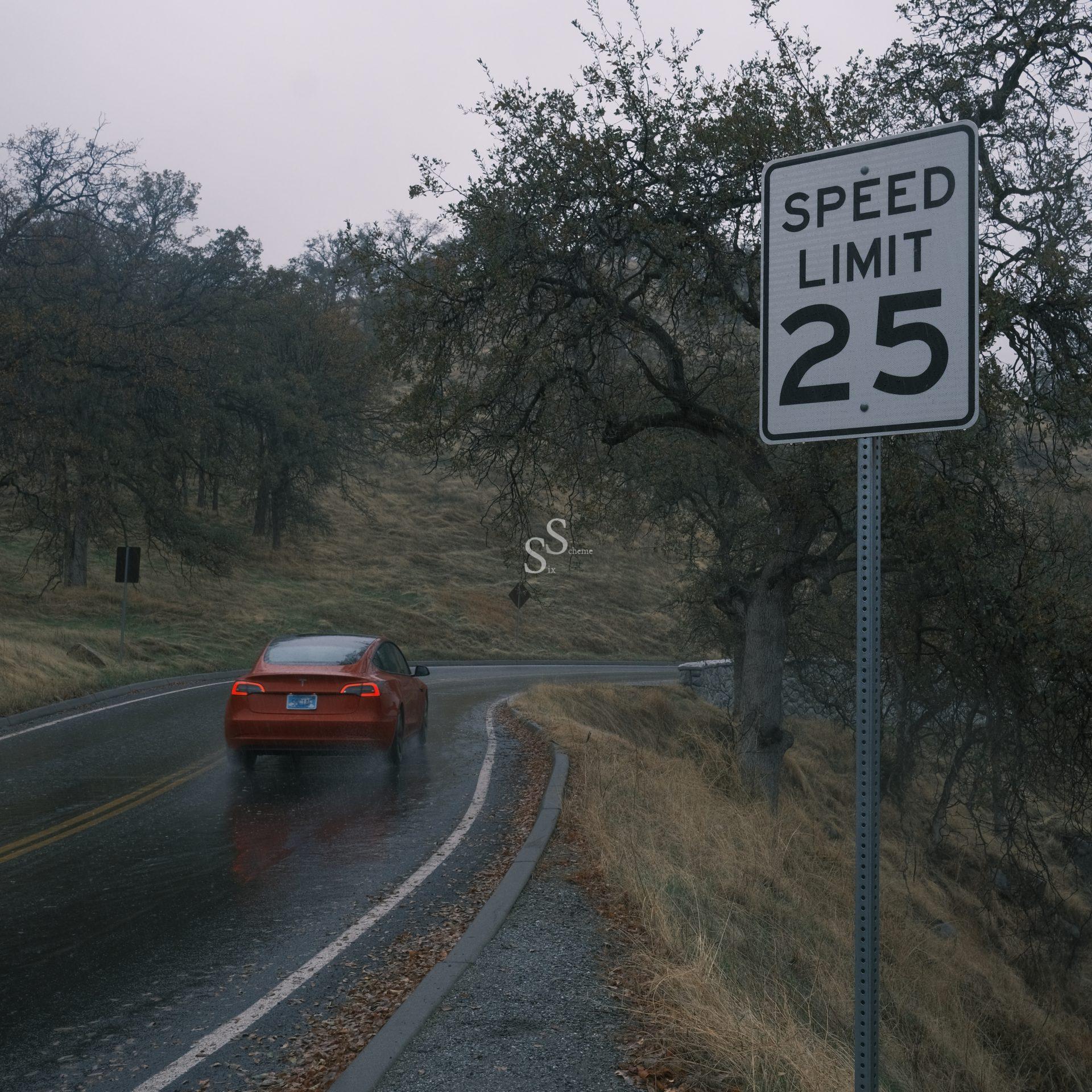 A red car drives on a wet, winding road bordered by trees and dry grass. A sign in the foreground displays a speed limit of 25. The sky is overcast, suggesting rainy or misty weather.