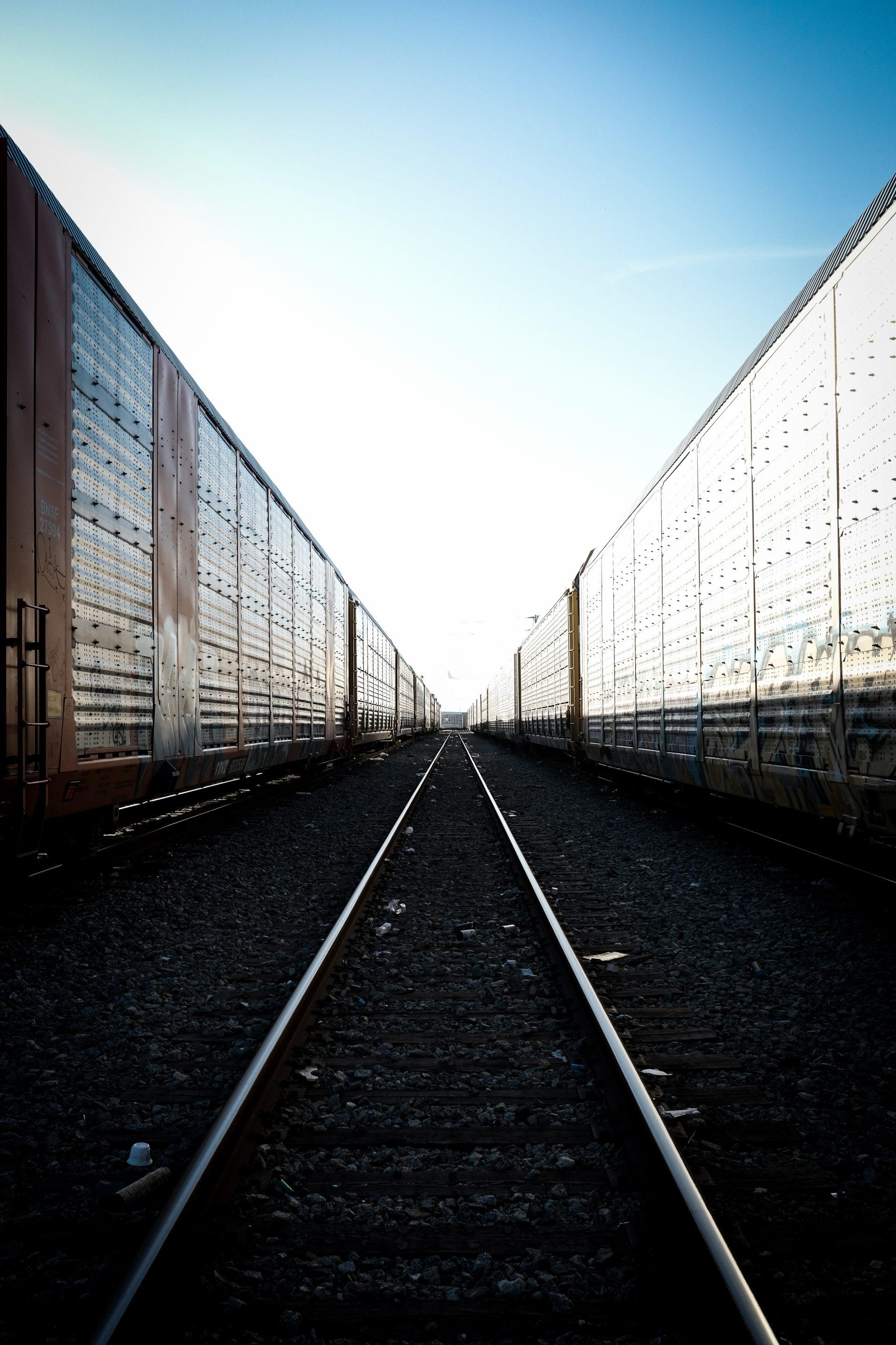 Two parallel train tracks run between two long freight trains under a clear blue sky, creating a symmetrical perspective that converges at the horizon.