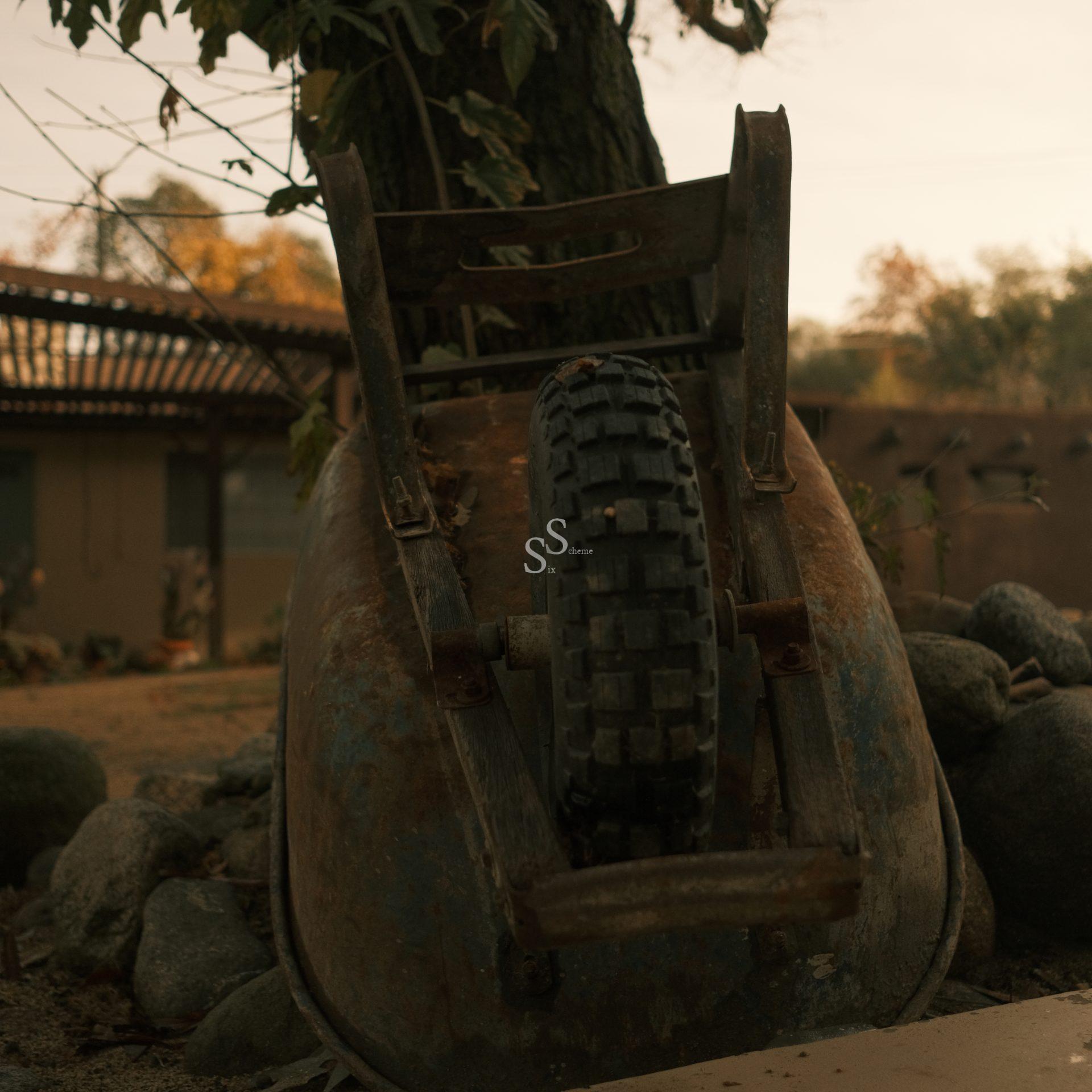 A rusty wheelbarrow with a worn tire is overturned against a tree, surrounded by rocks, in a yard with a house and a fence in the background during sunset.