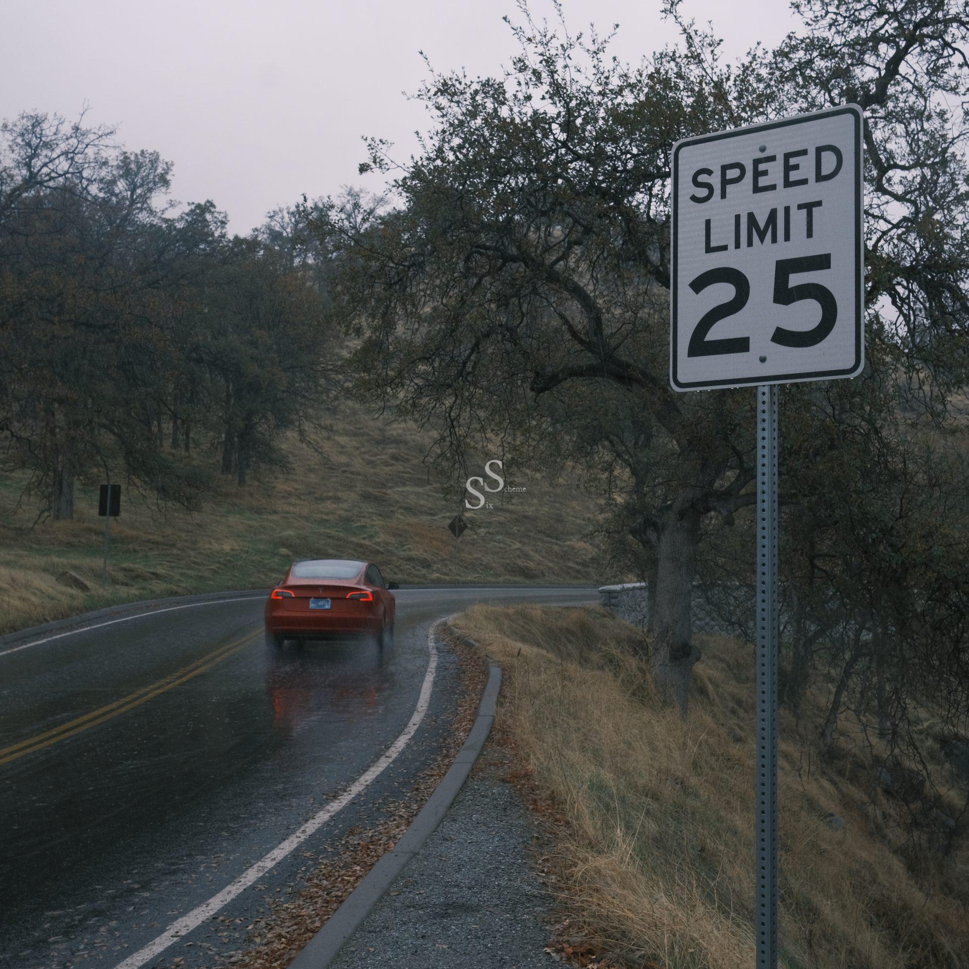A lone red car drives through a landscape featuring a wet, curving road, trees, and dry grass. The journey takes place under an overcast sky, with a 25 speed limit sign marking the foreground.