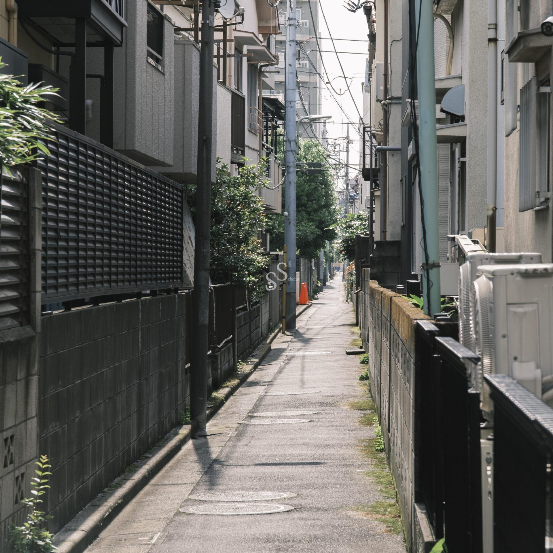 A narrow alleyway lined with residential buildings, plants, and utility poles on both sides, leading into the distance under bright daylight.