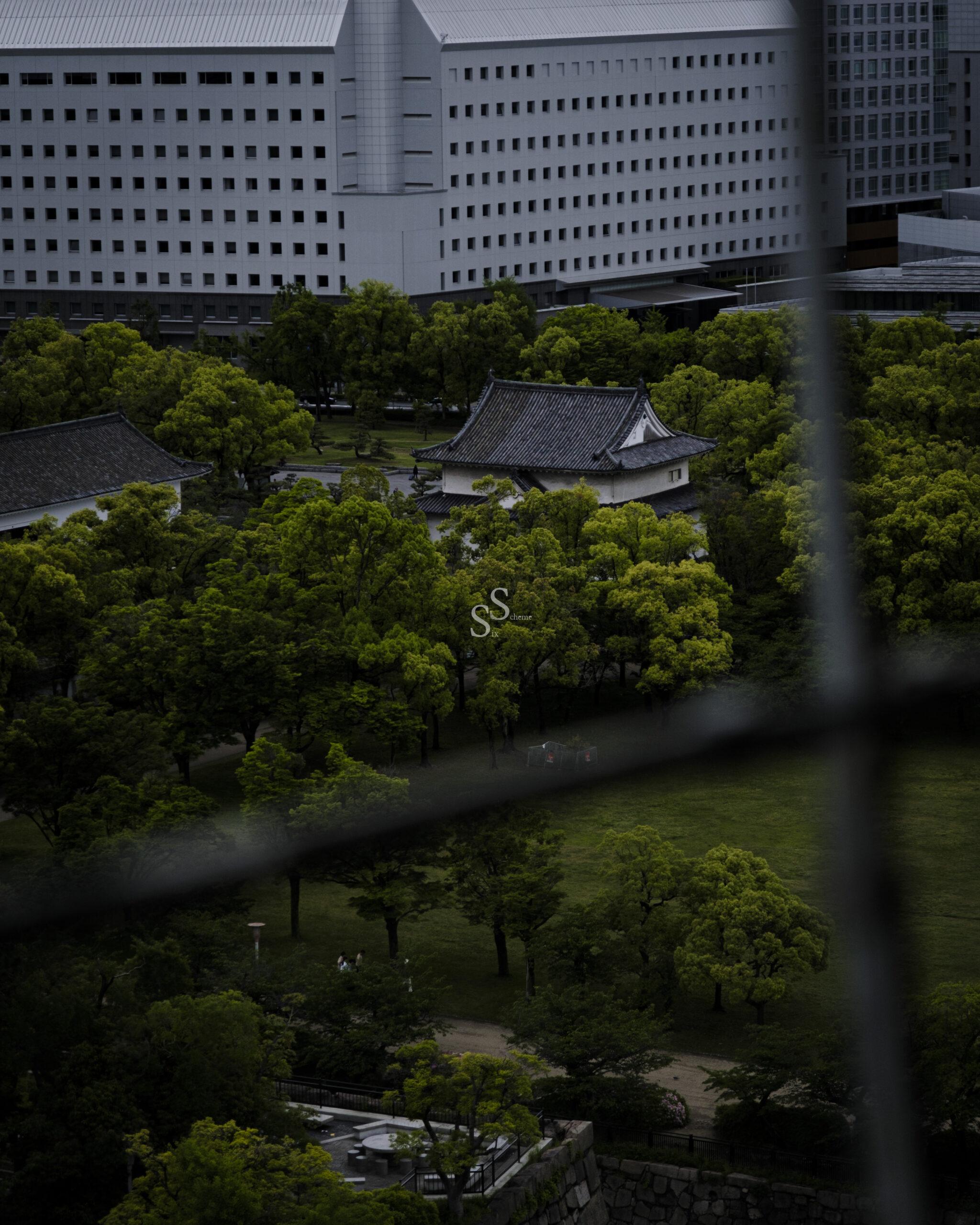 Peeking through a window, one sees traditional Japanese structures embraced by verdant trees, sharply contrasted by a modern high-rise building further back.